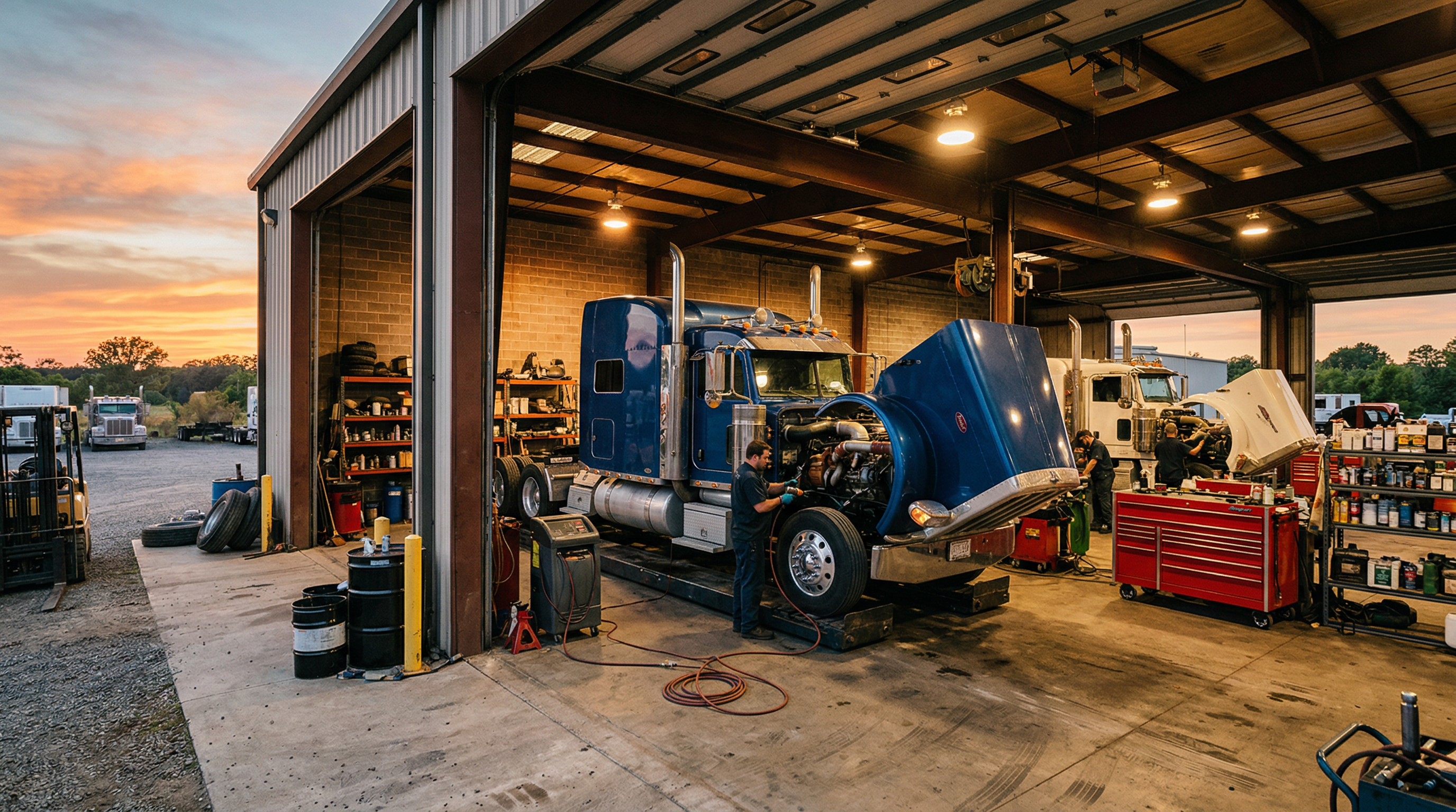 Three-bay truck repair shop at golden hour with a blue semi truck being serviced
