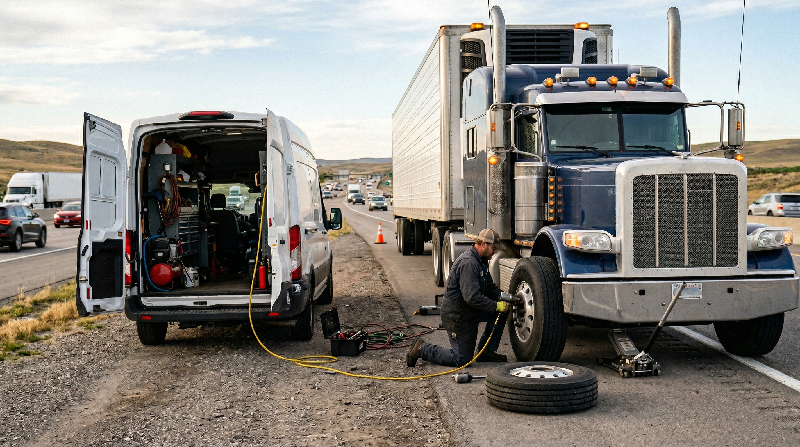 VCTI mobile repair service — mechanic servicing a semi truck on the roadside